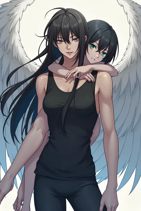 A guy with long black hair, black tank top and black leggings, grey eyes, Beautiful face, Beautiful skinny body, a girl with white angel wings stands behind, shoulder length black hair, green eyes. anime art, masterpiece