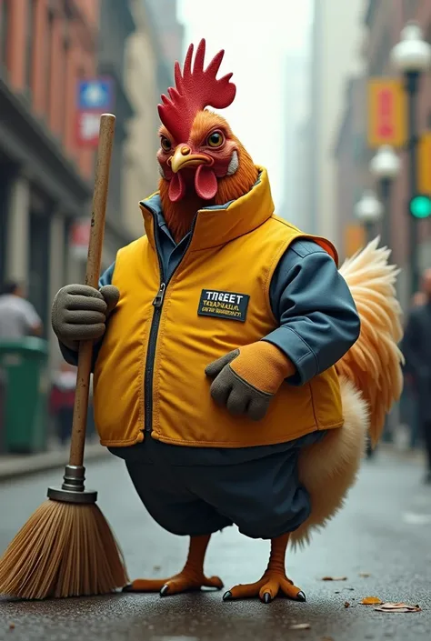 A chicken wearing a street cleaner&#39;s uniform
