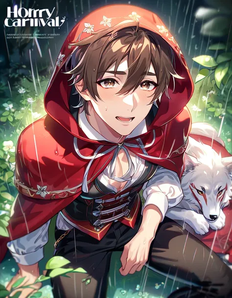 absurdres, highres, ultra detailed, HDR, master piece, best quality, extremely detailed, detailed eyes, Eiden, brown hair, expressive brown eyes, Nu Carnival, solo, sexy man sitting, handsome, horny, lewd, The Red Riding Hood And The Wolf, fantasy clothes,...