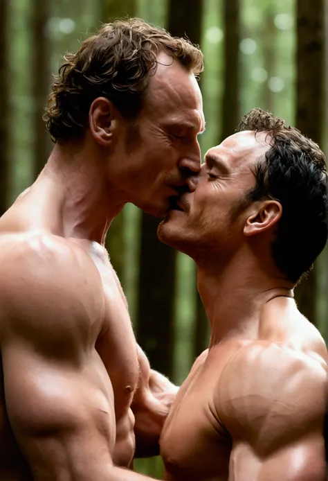 Michael Fassbender and Tenoch Huerta kissing and hugging in a forest, kissing without a shirt and in underwear, kind eyes, smiling, happy blush, V-shaped upper body, thin lips, Strong jaws, Muscled chests, big arms, (homosexuals, homoerotic, homosexual), (...