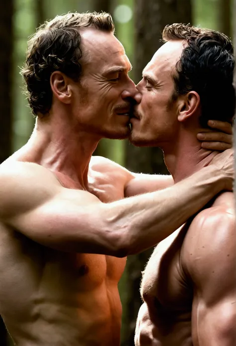 Michael Fassbender and Tenoch Huerta kissing and hugging in a forest, kissing without a shirt and in underwear, kind eyes, smiling, happy blush, V-shaped upper body, thin lips, Strong jaws, Muscled chests, big arms, (homosexuals, homoerotic, homosexual), (...