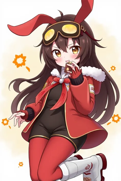 https://genshin-impact.fandom.com/wiki/Amber She have a dark brown hair and wears a red bow that is shaped like a bunny ears, brown pilot goggles, two small bags with leather belts, a red and brown glove, a Pyro sigil emblazoned on the red and orange ribbo...