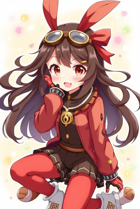 https://genshin-impact.fandom.com/wiki/Amber She have a dark brown hair and wears a red bow that is shaped like a bunny ears, brown pilot goggles, two small bags with leather belts, a red and brown glove, a Pyro sigil emblazoned on the red and orange ribbo...