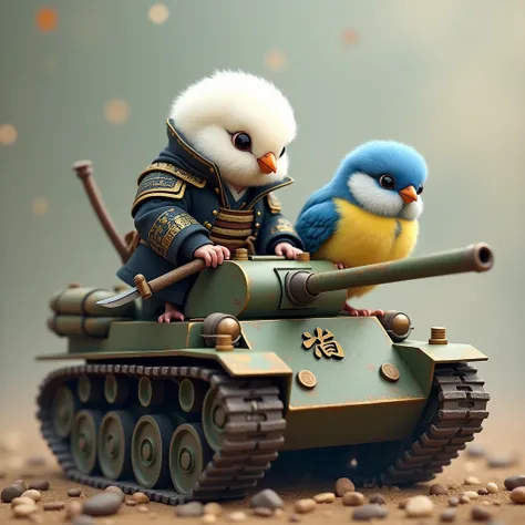 Dressed like a Japanese samurai riding a tank、A pure white, round-headed Japanese tit carrying a sword and a blue-headed budgerigar wearing a military uniform.。