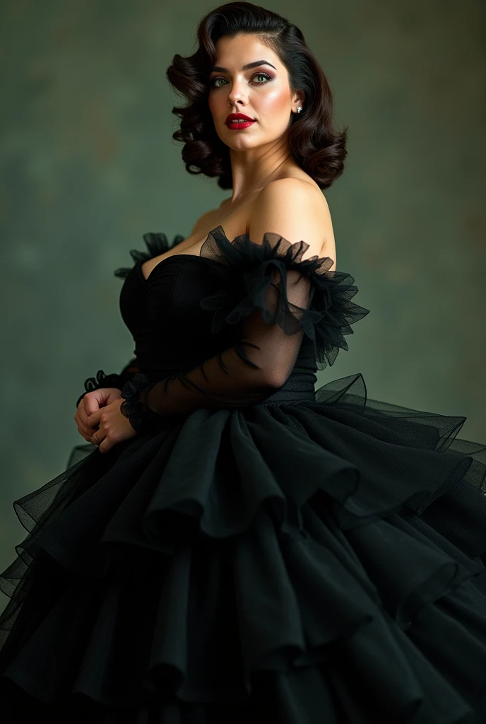 Fat woman in a long tulle dress, in black color, circle skirt, long and flowing sleeves and red lipstick, greeneyes