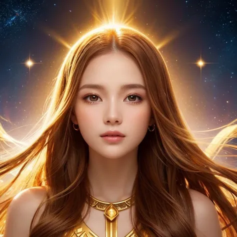 Close-up of a woman wearing a golden dress、Front facing、The background is shining with a halo.、Abstract images, Beautiful Celestial Magician, Heavenly Goddess, Golden ethereal light, Fantastic fantasy, Beautiful Fantasy Empress,, Goddess of space and time,...