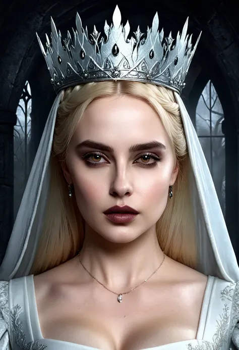 a high quality professional photo of "The White Queen" with dark eyes, grimdark,fantasy art, dark fantasy, powerful woman, mysterious, gothic, digital painting, detailed, haunting vibes, magic, 8k resolution