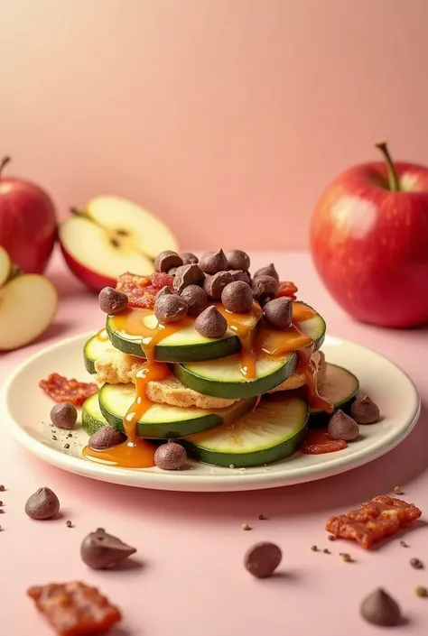 Zucchini, bacon, chocolate chips, pastel, caramel syrup, apples