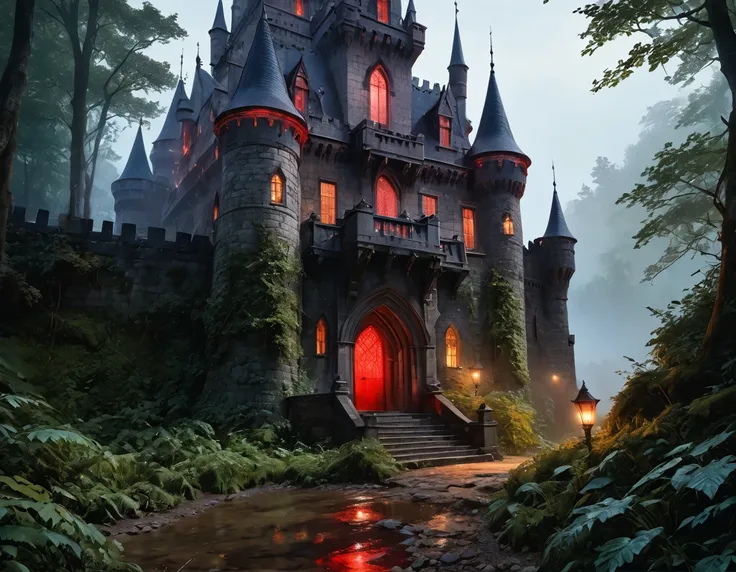 a picture of goth fantasy castle at night surrounded half covered by a fog,  a dark fantasy castle, (goth castle: 1.4), with towers and (red light : 1.4) coming out of the windows, the castle sits on a hill with few tress, the fog covers the ground and som...