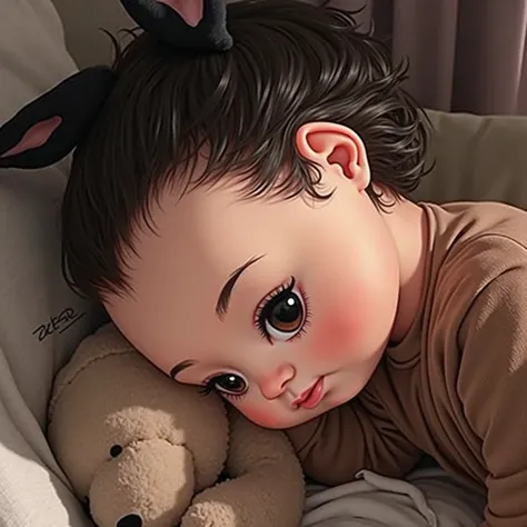 masterpiece,best quality,ultra-detailed,1girl,Cute baby,depth of field,stuffed toy,on the bed,curtains,hat,animal ears, tom kaulitz, tom kaulitz baby, tom kaulitz baby face, tom kaulitz from tokio hotel