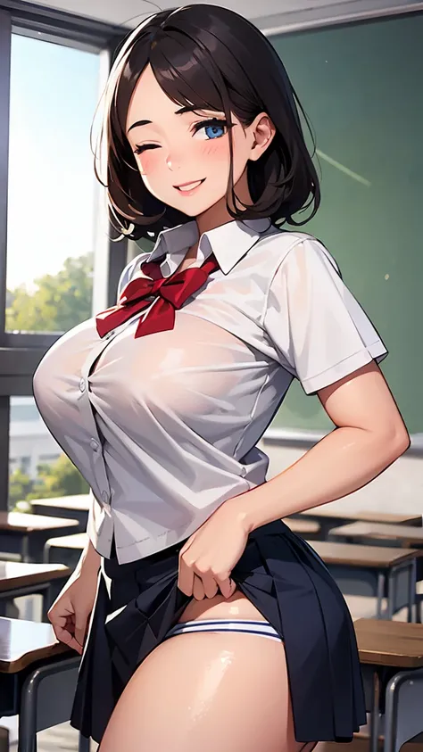 (gleaming skin:1.3), (18yo girl:1.8), blush, laughing, A milf with blonde short hair, tan skin, sky-blue eyes, open mouth, wearing a white bikini, breast,standing, (classroom:1.6). arms behind back. 1girl, extremely detailed CG, super detailed skin, perfec...