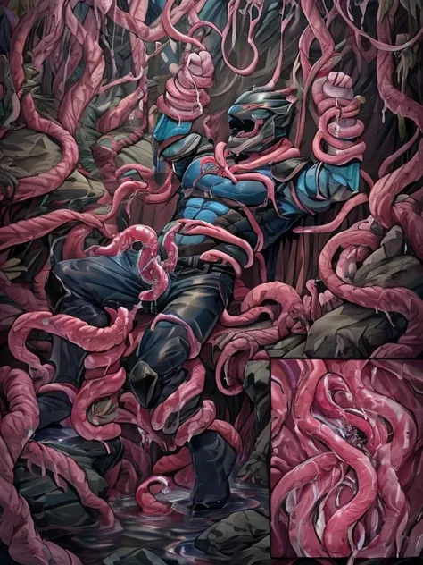 Superhero, hero, strong and robust male, Armor, Tentacle entanglement, uniform, Binding hands togethe, Foreign object invasion, monster breeding, wet, slime, tentacles, slimy tentacles, monster and human breeding, Tentacles wrapped around the body, Insert ...