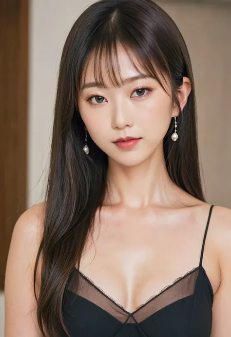 Yurika Okamoto、Age 35、Straight long hair、Tight eyes、Fox Eyes、Black sheer dress