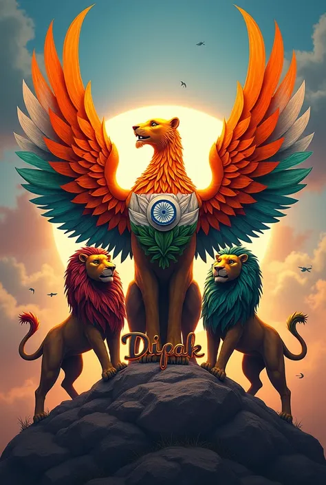 Colorful fancy Name Dipak writen on bottam of tri colour Ashok chakra lions with tri colour wings