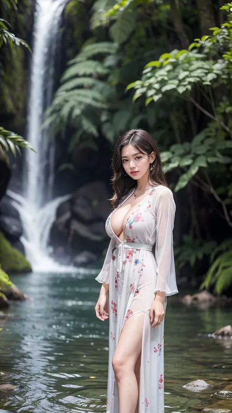 A Brazilian woman in a flowing floral dress typical of the northeastern region, standing near a tranquil waterfall in Banyuwangi, Indonesia, with tropical plants surrounding her as the water cascades down the rocks, her dress blending harmoniously with the...