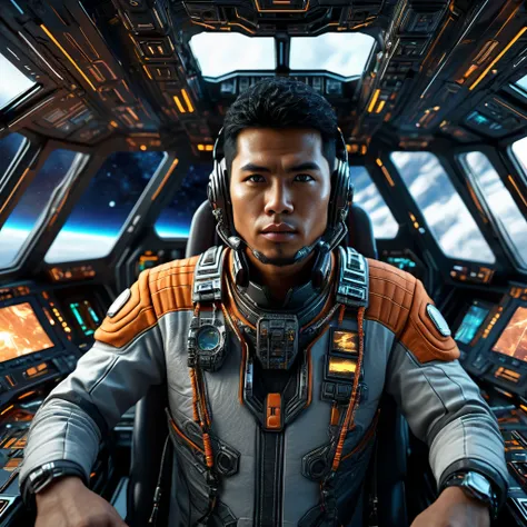 dynamic shoot, frontal angle, stunning images an Indonesian man, clean face, in the cockpit of a spaceship, futuristic clothing, the atmosphere of a battle in outer space seen from the cockpit window, intricate details of the cockpit interior, futuristic a...