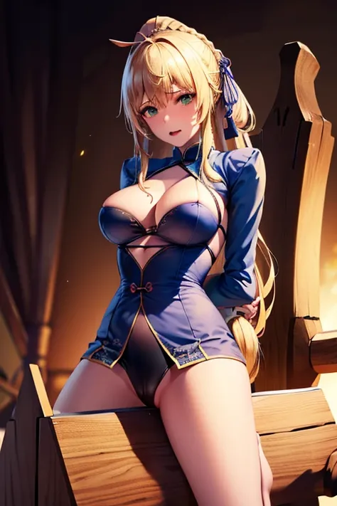 tabletop, best quality, high resolution, ccsaver, blonde hair, green eyes, ahoge, (chinese clothes:1.3), grimacing,, one girl, wooden horse, rubbing crotch, thought-provoking liquid, shibari,, tabletop, best quality, highly detailed, (hands behind back:1.5...