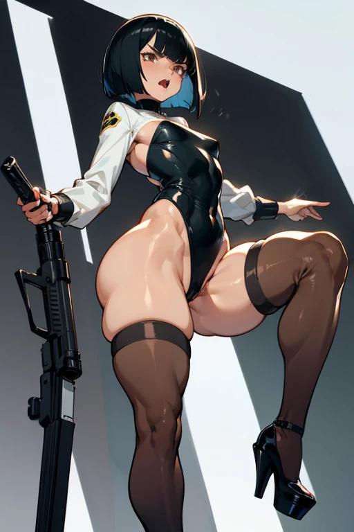  thick hips,  thick thighs, platform  heels, high cut leotard, flat chest, thin waist, bob cut hair, weapon, tanned skin, gun, angry look, scream, thick body, fitness, stockings,