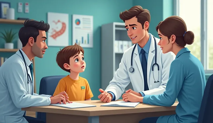 A hospital room or consultation area where a young boy and his parents are present. The doctor is standing or sitting at a desk, attentively giving advice to the boy, who is listening carefully. The parents are nearby, showing concern and attentiveness. Th...