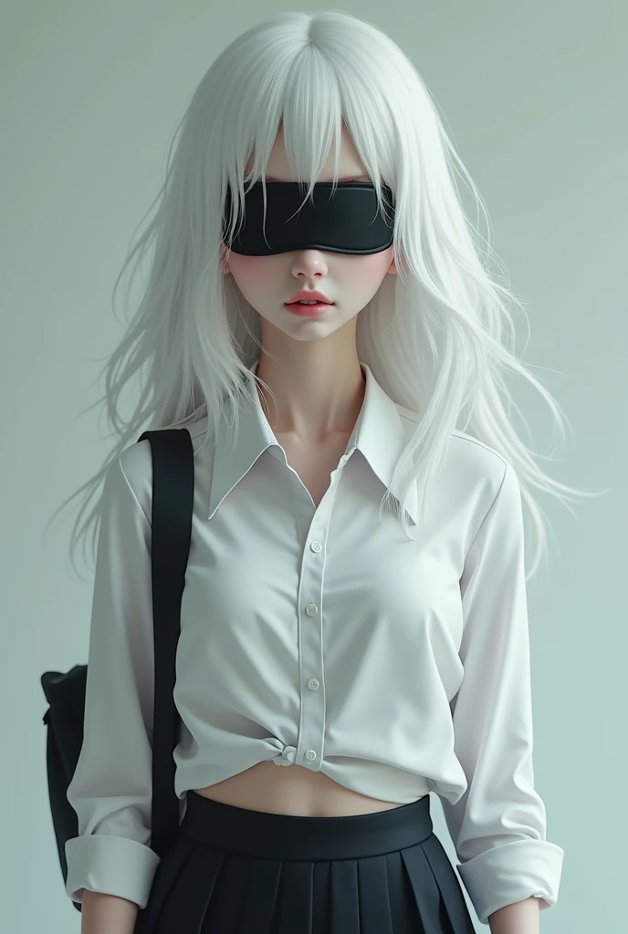 Blind white haired school girl, high, School uniform (bag, button-up shirt, Skirt) with his shirt unbuttoned, revealing his large bra