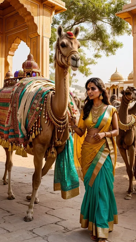 
"Create a vivid scene depicting the essence of Rajasthan, India. Include the majestic Amber Fort perched on a hill with intricate architecture, surrounded by the golden sands of the Thar Desert. Capture the bustling streets of Jaipur with colorful markets...