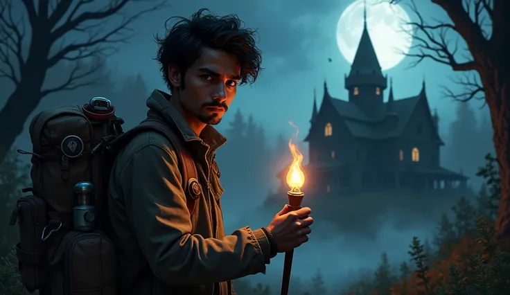 Vikram packing a torch and other essentials, preparing to visit the haunted mansion at night.