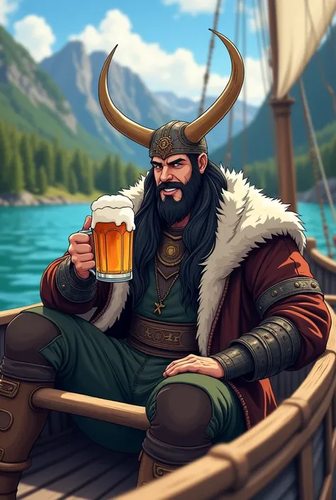 logo anime of a Viking Loki, drinking beer inside a Viking ship, with a blurred landscape in the background