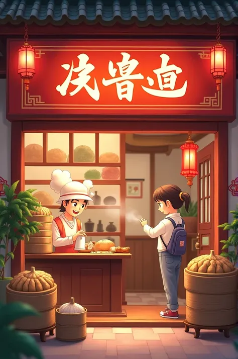 The name of the shop is Pao Wei Ai. There are steamed dumplings and steamed buns as a background. Request an anime style.