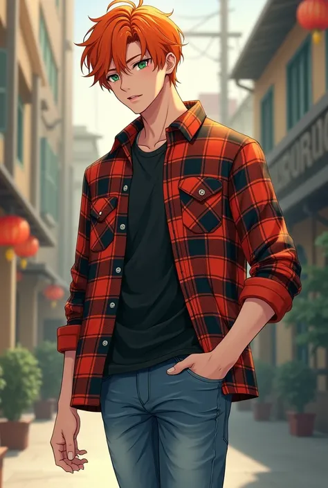 I would like you to generate an image with the following aspects:

A young orange-haired Chinese man of about 19 years old, green eyes, a little beard, wearing a checked lumberjack-style shirt, black t-shirt, jeans and white tennis shoes, in anime version ...