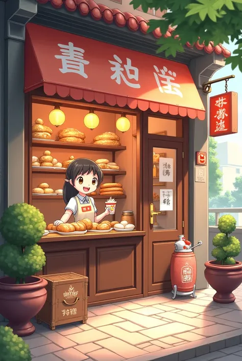 The shop name is Pao Wey Ey with steamed buns and dumplings in the background. Please make it in anime style.