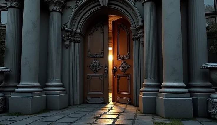  A close-up of the mansions main door, slightly ajar, with a flickering light inside.