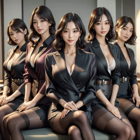 (best quality, masterpiece:1.5), (ultra-detailed, realistic:1.37),4K,(5woman:1.5),japanese,cute,beautiful,(silk office uniform:1.2),(skirt:1.2),(black pantyhose),(seiza),(big breast),(see through blouse),(bra),smile,