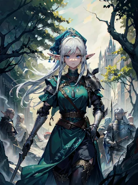 A scene unfolds with an elf girl wielding a shotgun in hand, her white hair and blue eyes shining amidst the mystical forest backdrop. She leads an expedition alongside a group of humans and dwarves, all clad in knight gear, (forest expedition), Dynamic po...