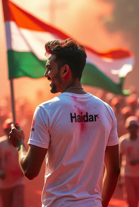 Independence Day white T-Shirt Back Printed Naam Haidar
Tricolour flag in hand, gulal colour all around and a tricolour flag fluttering in front

