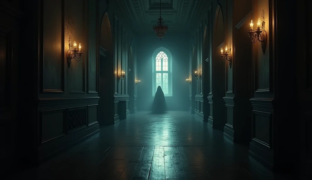 A long, dark hallway inside the mansion, with strange shadows on the walls