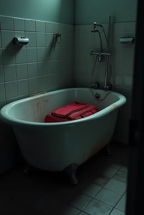 Dark crime scan: in the bathroom tub  a red color sport bag in the tub
Please increase bathroom size