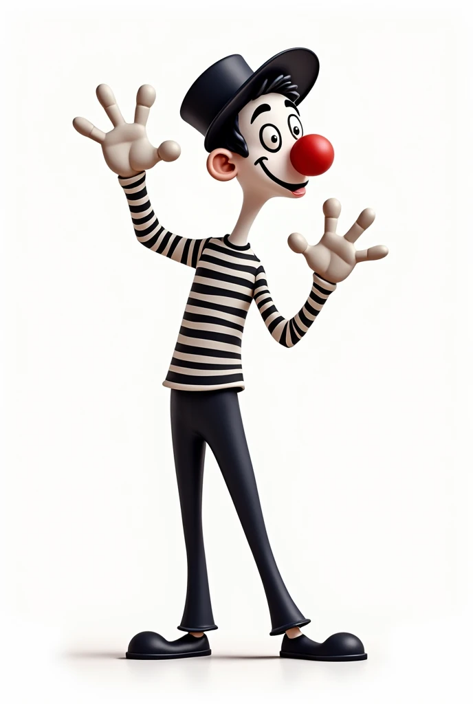 Caricature of a mime,making a gun sign with his hand, side view white background