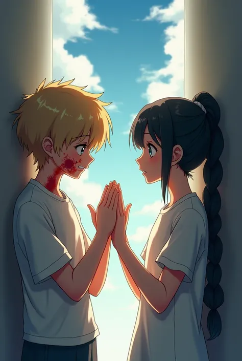 boy, blond, Beautiful inflated body, eyes closed, sad smile, covered in blood, girl with black long hair braided into a ponytail, crying, Blue eyes, anime art, masterpiece, good quality, They are separated by an invisible wall, they place their palms again...