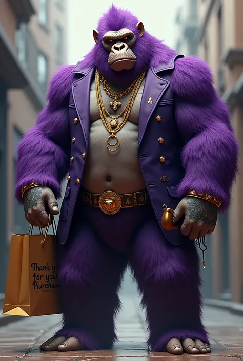 1 purple ape, With giant and high-caliber weapons, with gangster SUIT with chains, tattooed, with huge diamond and gold rings, smoking with a pipe, with a shopping bag. A text that says "Thank you for your purchase"