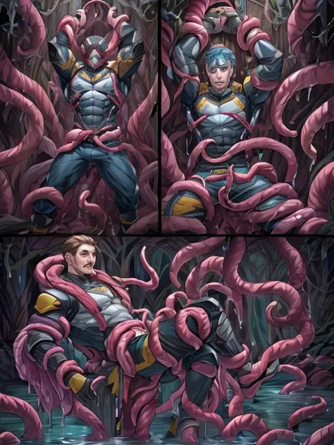 Superhero, hero, strong and robust male, Armor, Tentacle entanglement, uniform, Binding hands togethe, Foreign object invasion, monster breeding, wet, slime, tentacles, slimy tentacles, monster and human breeding, Tentacles wrapped around the body, Insert ...