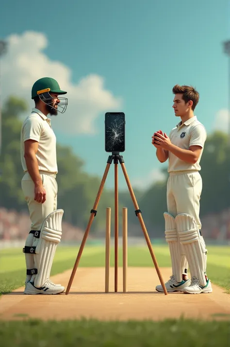 "Generate a humorous image of a cricket pitch where a broken phone is mounted on a tripod in place of the bowler. The scene should include the full pitch with the stumps, a wicketkeeper behind them, and a batsman preparing to face the delivery. The phone a...