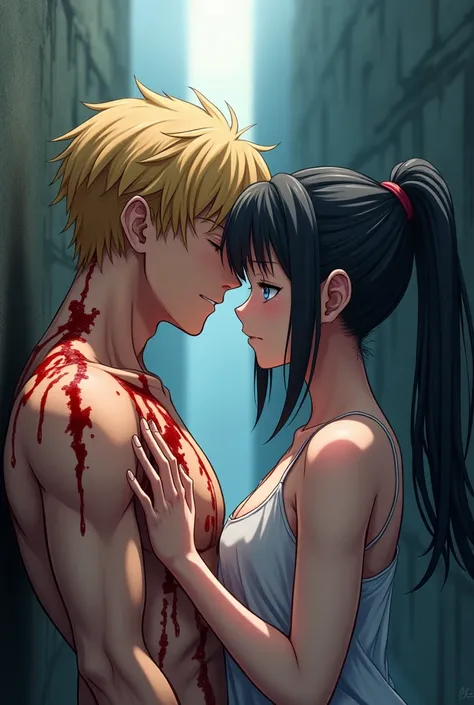 man, tall blonde, Beautiful inflated body, eyes closed, sad smile, covered in blood, girl with black long hair braided into a ponytail, crying, Blue eyes, anime art, masterpiece, good quality, They are separated by an invisible wall, they place their palms...