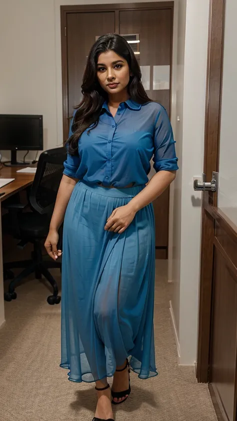 Office scene, A radiant, full-figured South Indian 35 year old aunty a blue colour  fully transparent chiffon skirt and black colour fully transparent chiffon shirt, captured in a full-body image with vibrant hues and meticulous details. Full body image