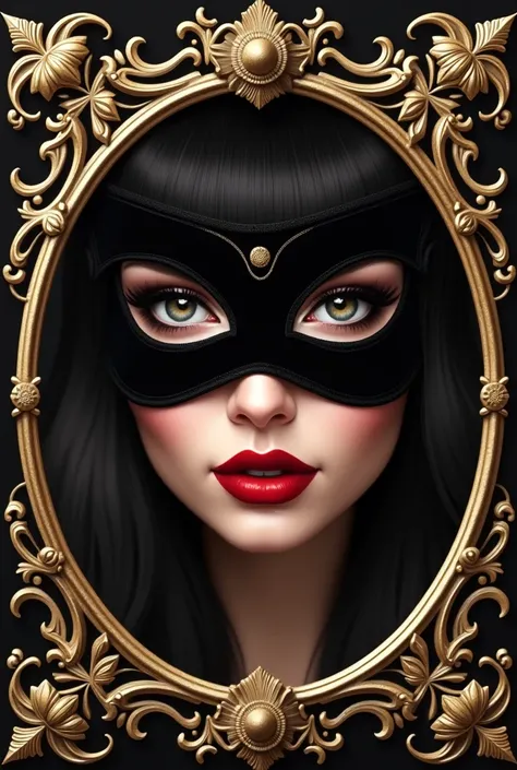 Logo close up womans face with ornate frame contour , burlesque style,  the woman with velvet mask
