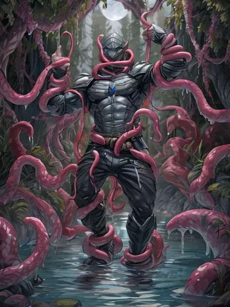 Superhero, hero, strong and robust male, Armor, Tentacle entanglement, uniform, Binding hands togethe, Foreign object invasion, monster breeding, wet, slime, tentacles, slimy tentacles, monster and human breeding, Tentacles wrapped around the body, Insert ...