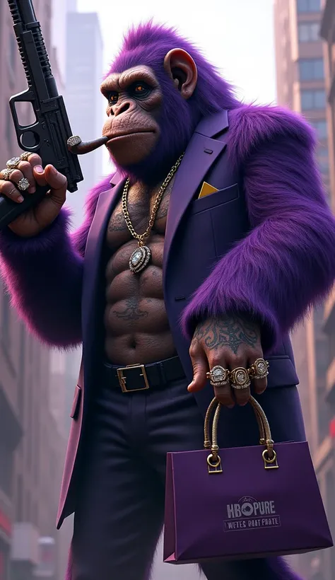 1 purple ape, With giant and high-caliber weapons, with gangster SUIT with chains, tattooed, with huge diamond and gold rings, smoking with a pipe, with a shopping bag. A text that says "Thank you for your purchase"