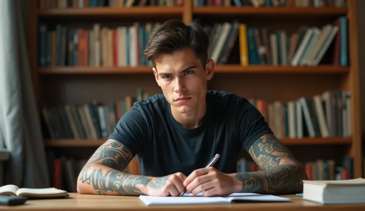 A young man with short dark hair and light skin sits at a desk, wearing a dark t-shirt. He has several tattoos visible on his arms and is positioned in front of a wooden bookshelf filled with books. The word WIN is prominently displayed in the center of th...