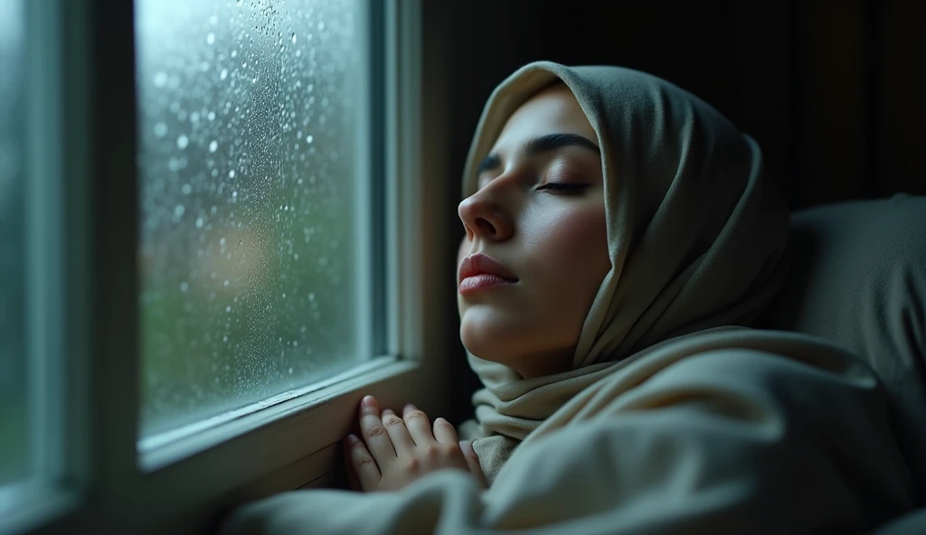 A Muslim woman in a headscarf,slept in her room accompanied by the rain,rain on the glass window, the woman slept,At night it rained 
