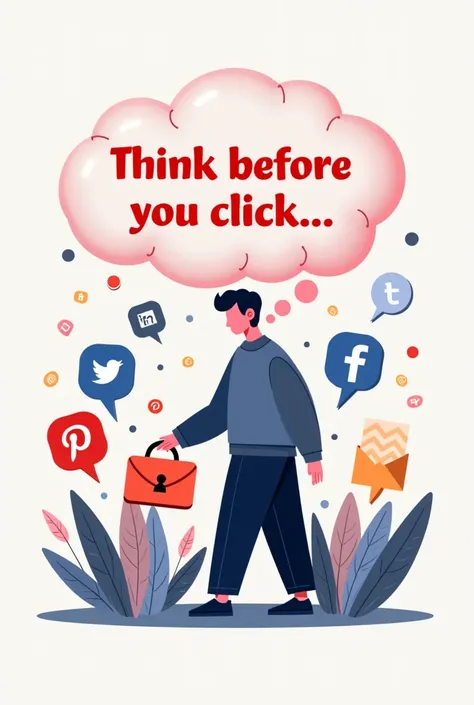 Anonymous person clicking a malicious link with a bubble in his head saying "Think before you click" and chrome, messenger, facebook, youtube, instagram, on the side