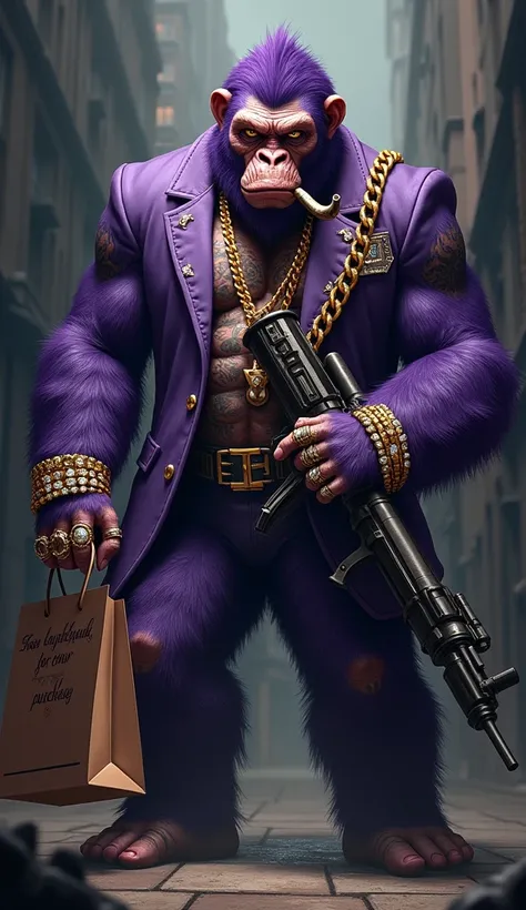 1 purple ape, With giant and high-caliber weapons, with gangster SUIT with chains, tattooed, with huge diamond and gold rings, smoking with a pipe, with a shopping bag. A text that says "Thank you for your purchase"